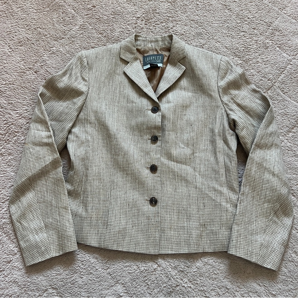 Vtg Lafayette 148 Shoulder Pad Houndstooth Linen Blazer Preppy Old Money Size 4